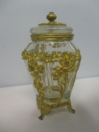 Antique French Crystal Footed Bronze Art Nouveau Floral 7 " Vanity Jar