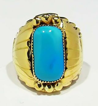Big Vintage Signed Navajo 15g 14k Gold Sleeping Beauty Turquoise Mans Ring 7.  5