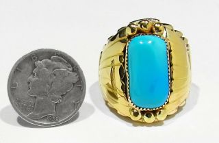 Big Vintage Signed Navajo 15g 14k Gold Sleeping Beauty Turquoise Mans Ring 7.  5 2