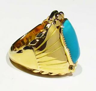 Big Vintage Signed Navajo 15g 14k Gold Sleeping Beauty Turquoise Mans Ring 7.  5 4