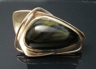 MODERNIST 9ct GOLD TIGERS EYE BROOCH SIGNED WWL SOUTH AFRICAN 9K VINTAGE ATOMIC 2