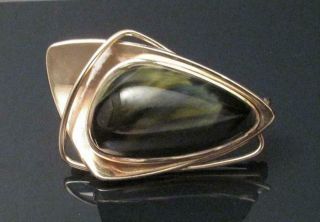 MODERNIST 9ct GOLD TIGERS EYE BROOCH SIGNED WWL SOUTH AFRICAN 9K VINTAGE ATOMIC 3