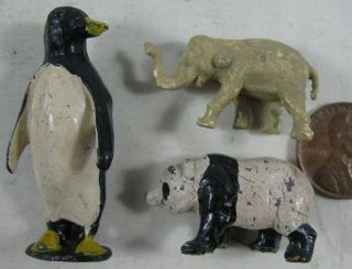 3 Vintage Pre - War Lead Britains Miniature Zoo Penguin Panda Bear Elephant