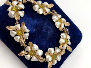 Swoboda Signed Vtg Designer Necklace Flowers Baby Teeth Pearls Glass Gem Peridot