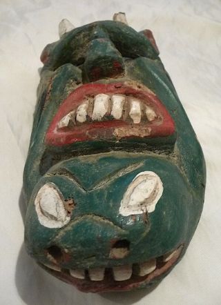 Vintage Mexican Ceremonial Mask - Wood - Two Mouthed Devil - Green - Red