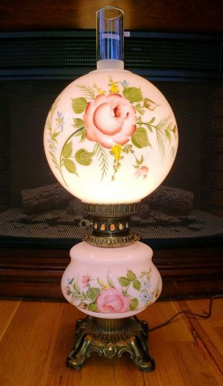 Vintage Parlor Gone With The Wind Globe Hurricane Lamp With Hand Painted Roses