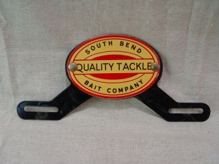 South Bend Bait Co.  Quality Tackle Vintage Porcelain Metal License Plate Topper