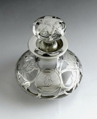 Antique Art Nouveau Sterling Silver Overlay Glass Perfume/cologne Bottle B Mono