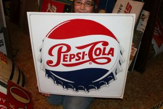 Vintage 1960s Pepsi Cola Soda Pop Bottle Cap 24 " Embossed Metal Sign