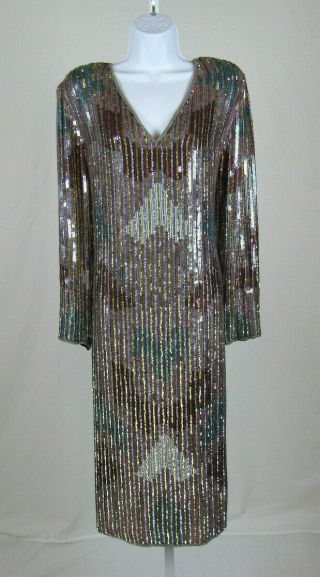 Vtg 1980s Judith Ann Plus Silk Sequin Beaded Dress Size 2x 18 - 20 & Belt