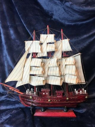 Detailed Carved Wood Model Sailing Ship W/ 20 Sails - 12 1/2 " Tall X 12.  5 " Wide