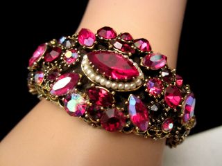 Rare Vintage Signed Weiss Red Ab Rhinestone Dbl Hinged Clamper Bracelet A58