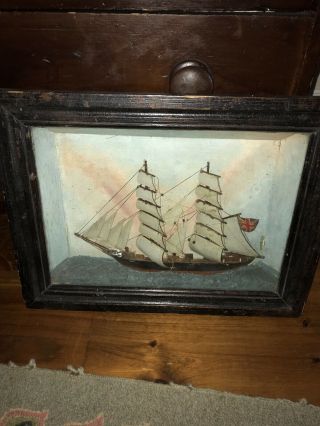 Antique Half Hull Diorama Sailing Ship Shadow Box Nautical