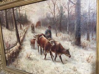 Antique Signed American School Oil Canvas Painting Cows Winter Scene England 12
