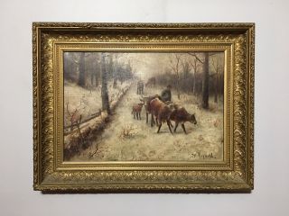 Antique Signed American School Oil Canvas Painting Cows Winter Scene England