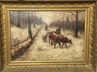 Antique Signed American School Oil Canvas Painting Cows Winter Scene England 2