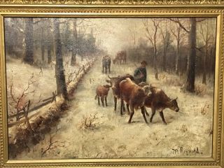 Antique Signed American School Oil Canvas Painting Cows Winter Scene England 3