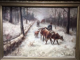Antique Signed American School Oil Canvas Painting Cows Winter Scene England 4