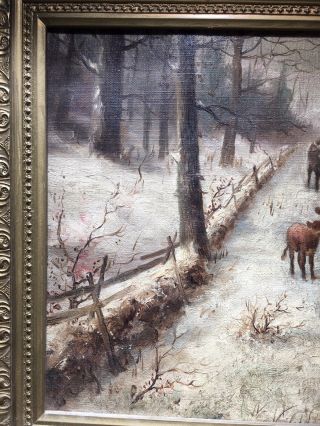 Antique Signed American School Oil Canvas Painting Cows Winter Scene England 5