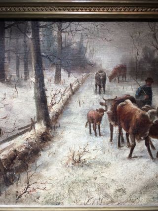 Antique Signed American School Oil Canvas Painting Cows Winter Scene England 6