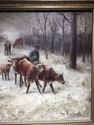 Antique Signed American School Oil Canvas Painting Cows Winter Scene England 7