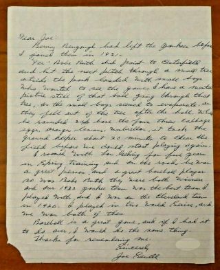 Rare Babe Ruth Called Shot 1932 Hand Written Letter By Joe Sewell With Jsa