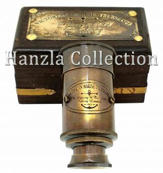 Antique Brass Victorian Marine Telescope With Wooden Box Beautif