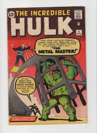 Incredible Hulk 6 Fn 6.  0 Vintage Marvel Comic Key 1st Metal Master 12c Kirby