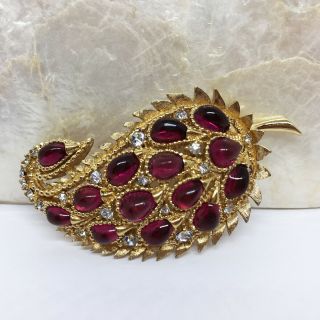 Vtg Signed Boucher Red Cabochon With Clear Crystals Swan Brooch Pin 8291p