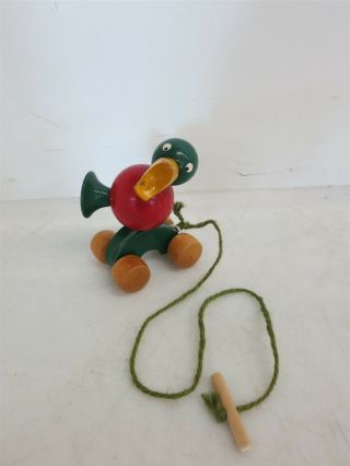 Vintage Italian Hand Carved Wooden Pull Toy Duck Made In Milan Red Green