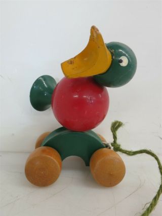 Vintage Italian Hand Carved Wooden Pull Toy Duck Made in Milan Red Green 2