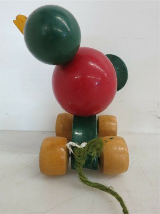 Vintage Italian Hand Carved Wooden Pull Toy Duck Made in Milan Red Green 3