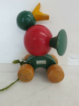 Vintage Italian Hand Carved Wooden Pull Toy Duck Made in Milan Red Green 4