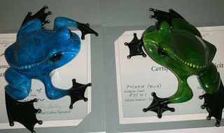 2 Frogman Tim Cotterill Bronze Poloka Green & Blue Frogs.  Rare Low Edition 125
