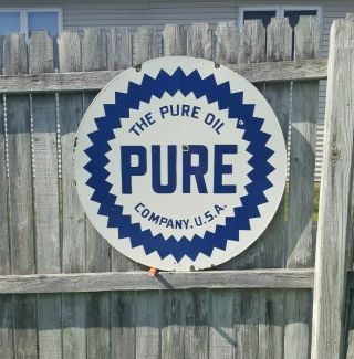 The Pure Oil Company 30 " Dsp Porcelain Sign 2 - Sided Gas Station Oil Vintage