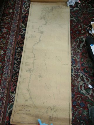 Antique Linen Backed Navigational Chart Of Goucester & Kennebec River