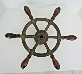 Vintage Antique Nautical 16” Brass & Wood Boat / Ships Wheel,  Mounting Hub