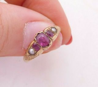Fine 18ct/18k Gold Ruby & Natural Seed Pearl Early 19th Century Ring,  750