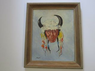 Meagher Antique Painting Vintage Native American Indian Portrait Chief Figure