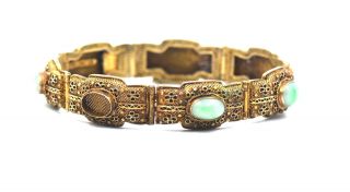 Vintage Asiana Chinese Export Jade Hinge Link Bracelet Sterling Silver Gilt