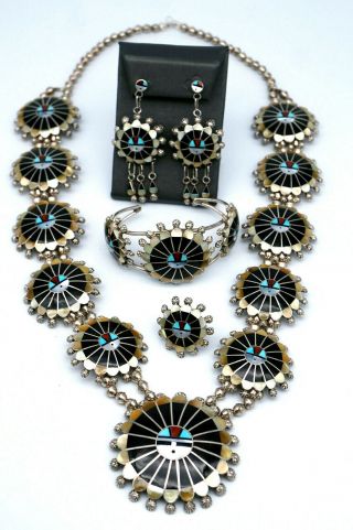 Vintage Zuni Inlay Necklace Earrings Ring Bracelet Set Sterling Silver Turquoise