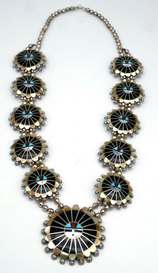 Vintage Zuni Inlay Necklace Earrings Ring Bracelet Set Sterling Silver Turquoise 2