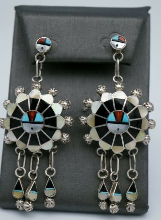 Vintage Zuni Inlay Necklace Earrings Ring Bracelet Set Sterling Silver Turquoise 6