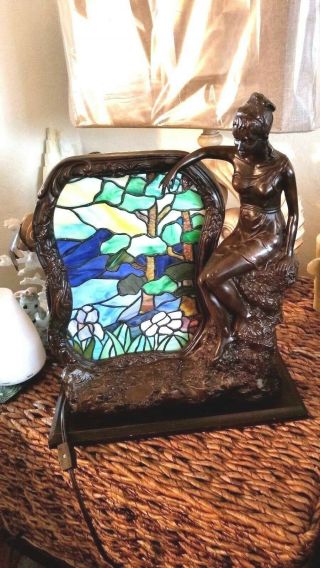ANTIQUE ART DECO BRONZE LAMP WITH STAINED GLASS WOMAN IN A DRESS HEAVY 12