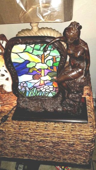 ANTIQUE ART DECO BRONZE LAMP WITH STAINED GLASS WOMAN IN A DRESS HEAVY 2