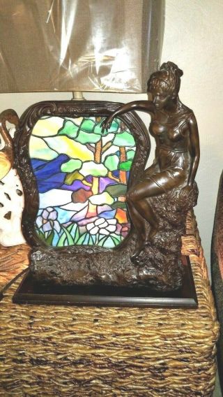 ANTIQUE ART DECO BRONZE LAMP WITH STAINED GLASS WOMAN IN A DRESS HEAVY 3