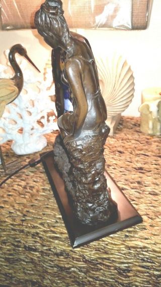 ANTIQUE ART DECO BRONZE LAMP WITH STAINED GLASS WOMAN IN A DRESS HEAVY 4