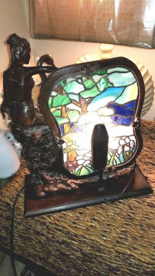 ANTIQUE ART DECO BRONZE LAMP WITH STAINED GLASS WOMAN IN A DRESS HEAVY 5