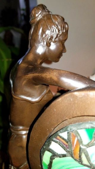 ANTIQUE ART DECO BRONZE LAMP WITH STAINED GLASS WOMAN IN A DRESS HEAVY 8