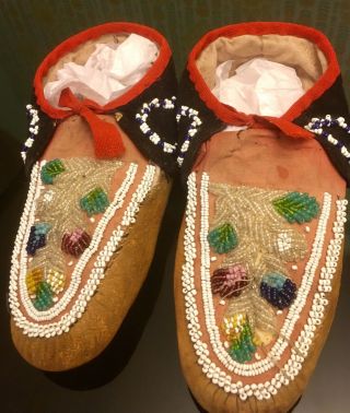Antique 1910 Native American Iroquois Mohawk Indian Beaded Mens Moccasins 10”